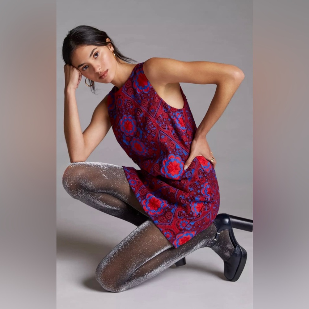 Anthropologie - Eva Franco Eyelet Red and Blue Floral Mini Dress